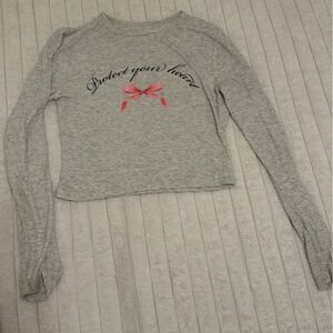 Gray Long Sleeve Top with Pink Bow Accent